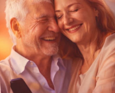 An older man and his daughter laughing together, phone in hand