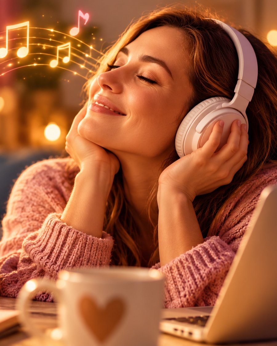 A woman in a cosy jumper listening on headphones, eyes closed and smiling, with music notes floating around her